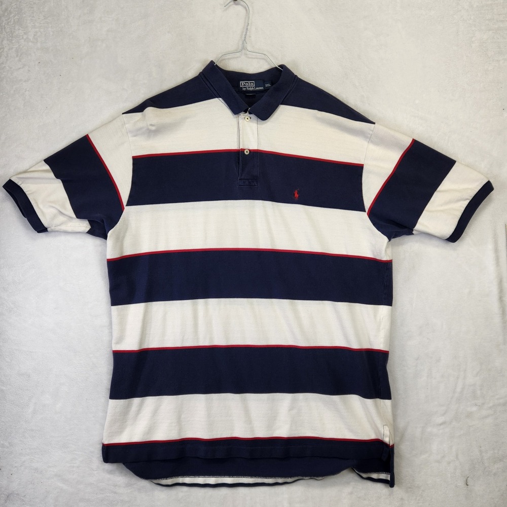 Polo Ralph Lauren Mens XXL Striped Pique Polo Shirt Navy White Red Pony Logo